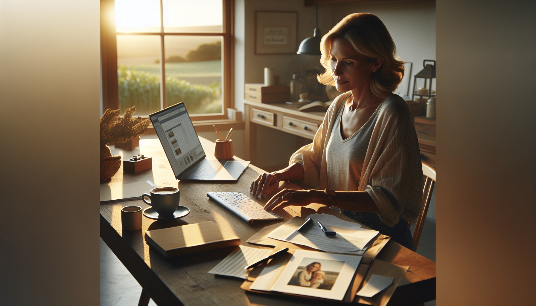 A woman small business owner in her 40s to 60s at a sunlit desk overlooking rural property with coffee, a notebook, and subtle family and community items nearby.