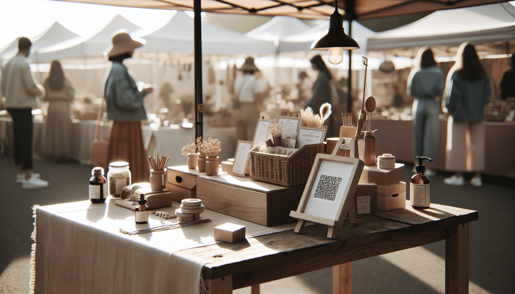 A pop-up market vendor booth with a QR code sign on a rustic table, shoppers browsing handmade goods under canopy tents in warm sunlight.