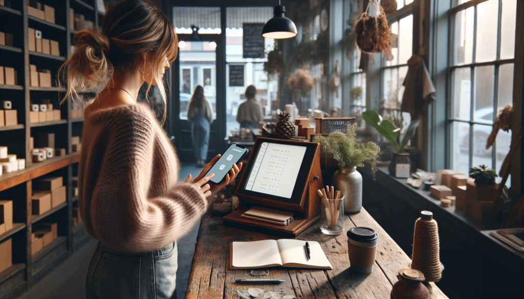 Woman small business owner in a rustic small-town studio using a phone-based PWA to simplify daily business operations